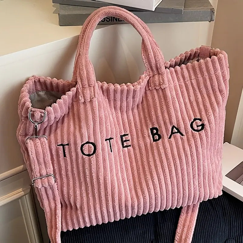 Solid Color Corduroy Large Capacity Tote Bag with Letter Pattern