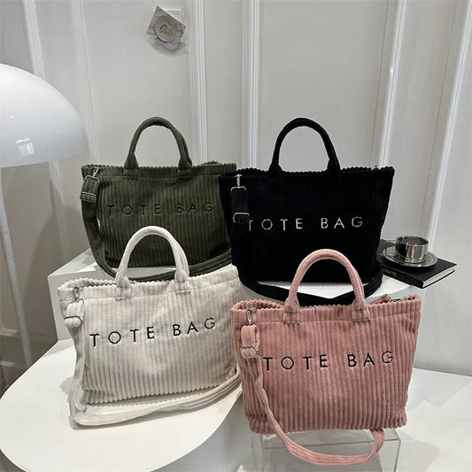 Solid Color Corduroy Large Capacity Tote Bag with Letter Pattern