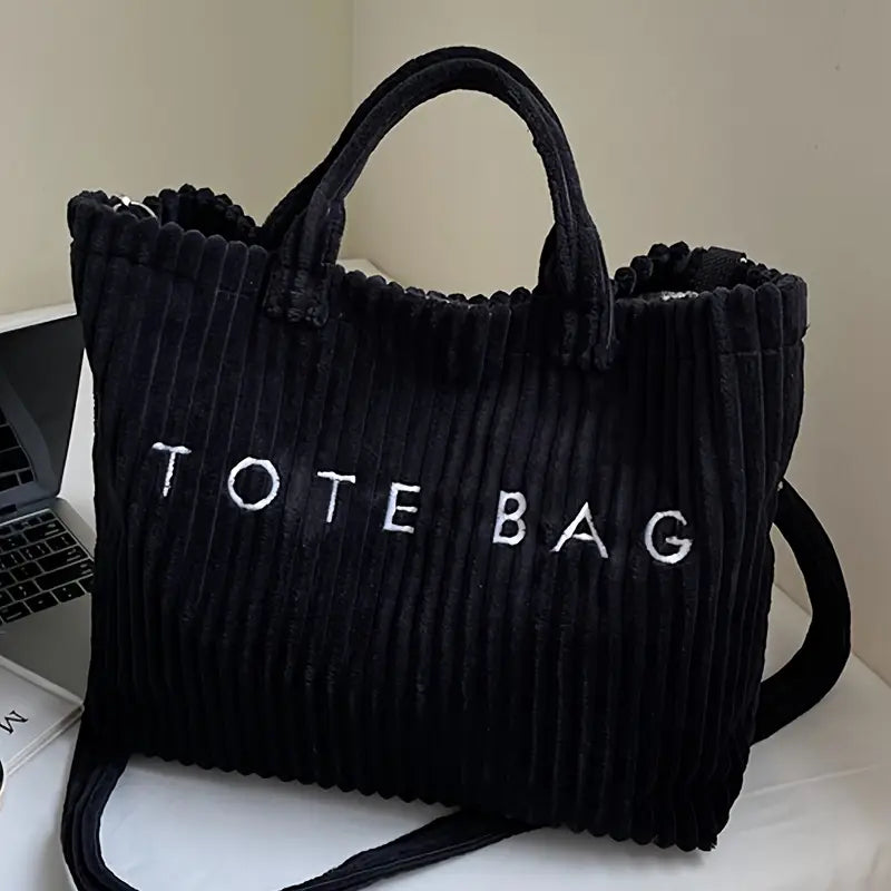 Solid Color Corduroy Large Capacity Tote Bag with Letter Pattern