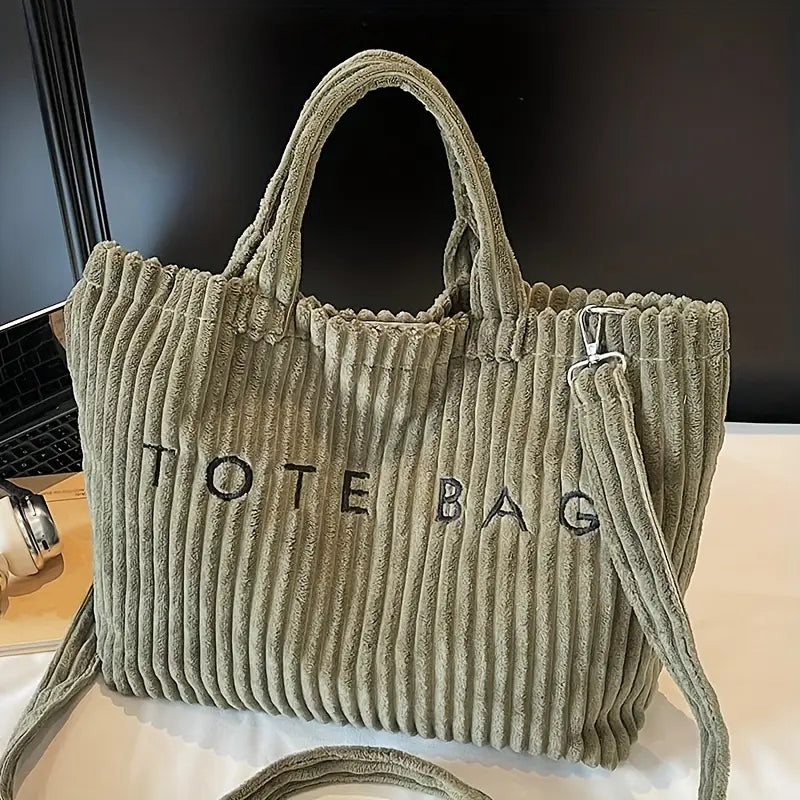 Solid Color Corduroy Large Capacity Tote Bag with Letter Pattern