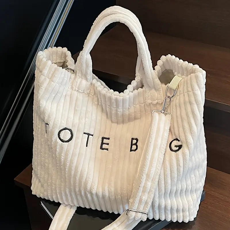 Solid Color Corduroy Large Capacity Tote Bag with Letter Pattern